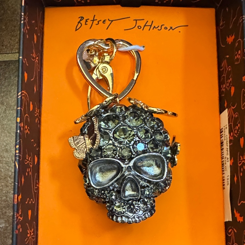 Betsey Johnson Crystal Skull Keychain with Gold Accents